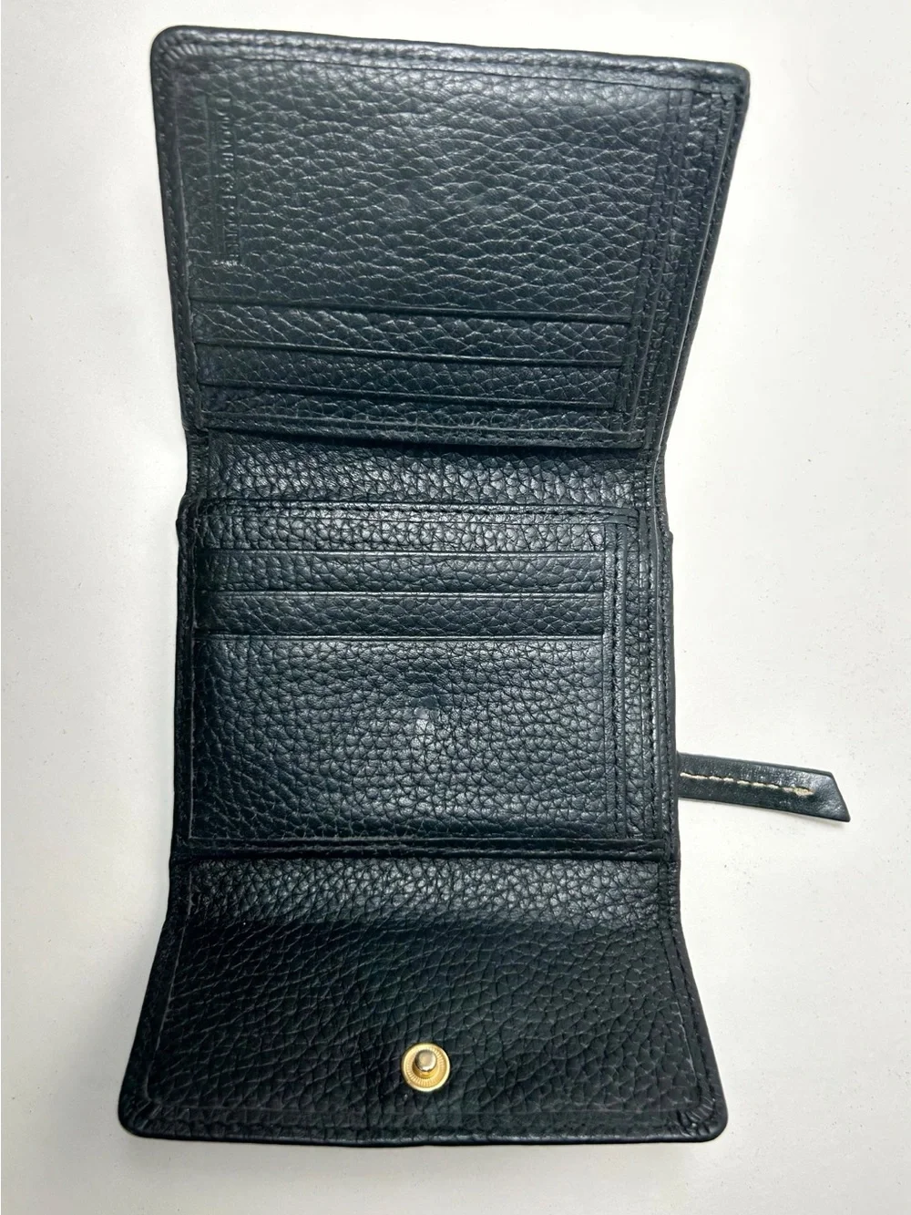 Dooney & Bourke Black Pebbled Leather Compact Trifold Wallet with Gold Plate EUC